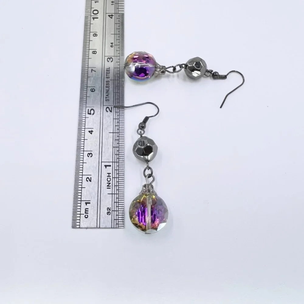 New / Handcrafted - Iridescent Faceted Crystal Drop Black Tone Fishhook Earrings - Picture 6 of 7